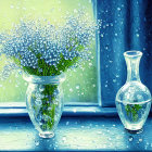 Digital painting of blue and white flowers in vase by rainy window