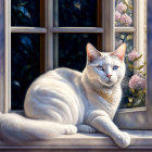 White Cat with Blue Eyes and Golden Collar Resting by Stained Glass Window