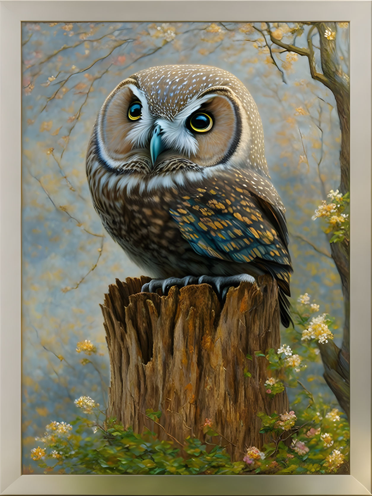 Realistic brown and blue owl with green eyes perched on tree stump among white flowers