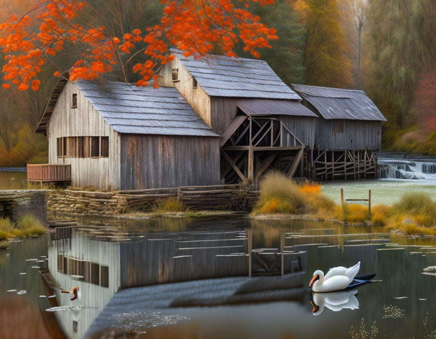 Rustic wooden mill by calm lake with swans in misty autumn landscape