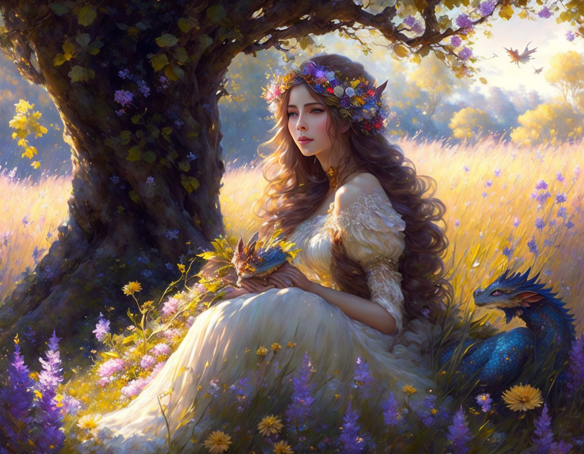 Woman in floral dress with flower crown beside blue dragon in sunlit meadow