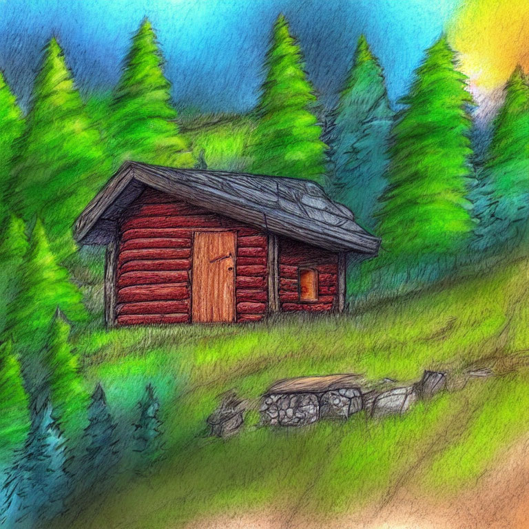 Vibrant log cabin surrounded by coniferous trees at sunrise or sunset