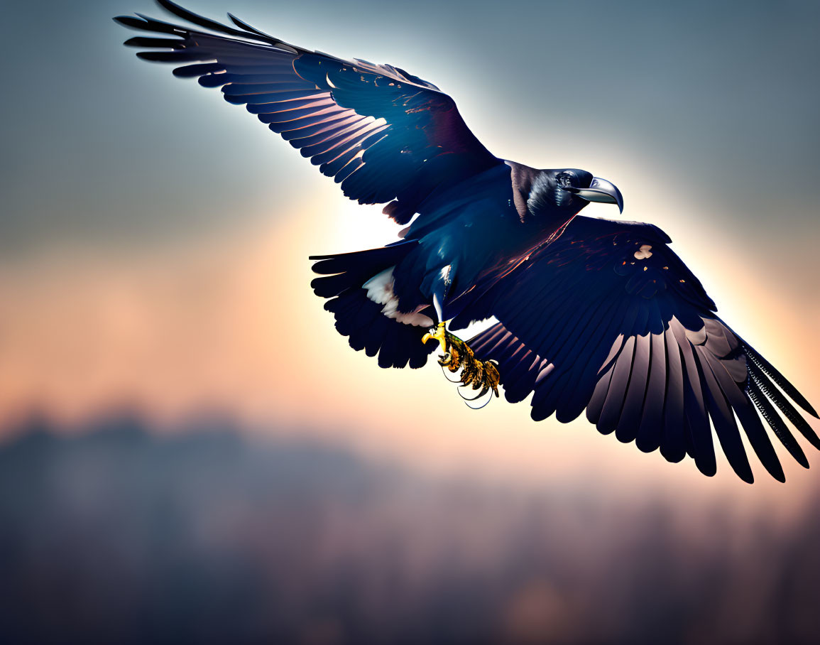 Majestic eagle flying with outstretched wings in sunset sky.