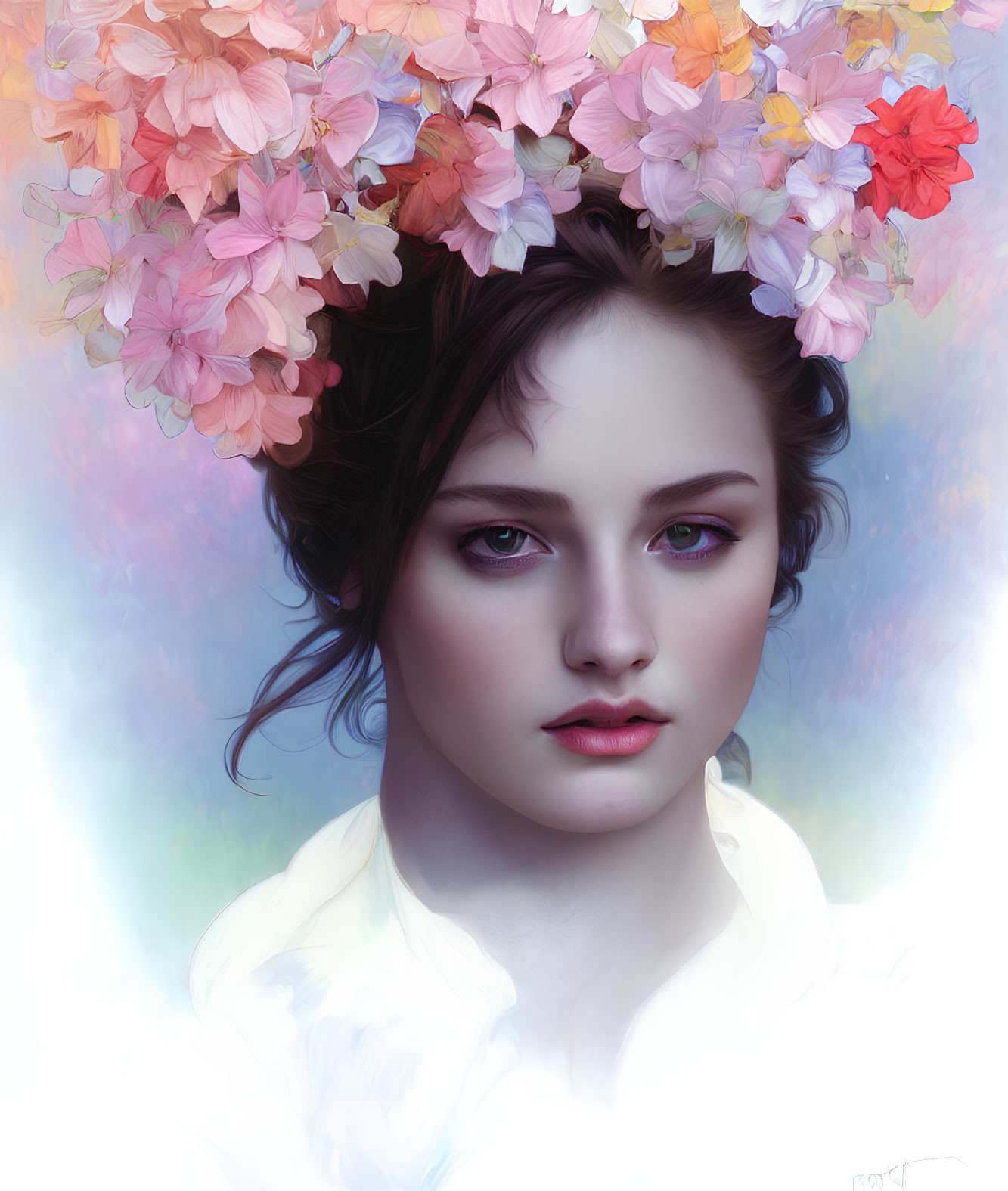 Serene woman portrait with multicolored flower crown