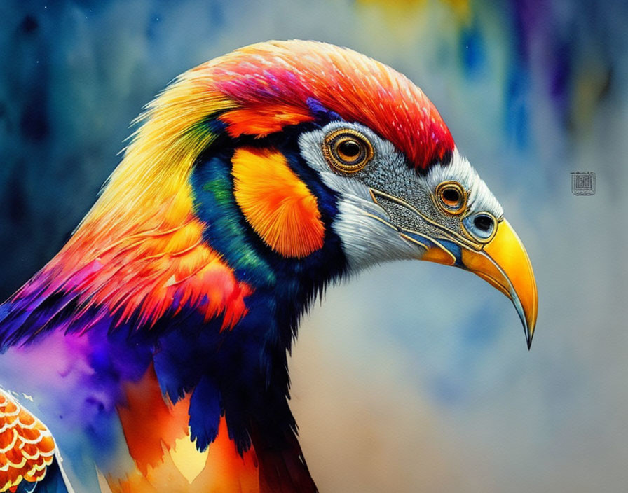 Colorful Bird with Rainbow Feathered Head and Sharp Beak on Blurred Background