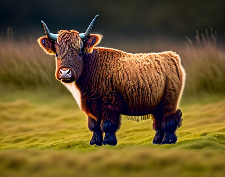 Shaggy Highland Cow with Curved Horns in Green Field