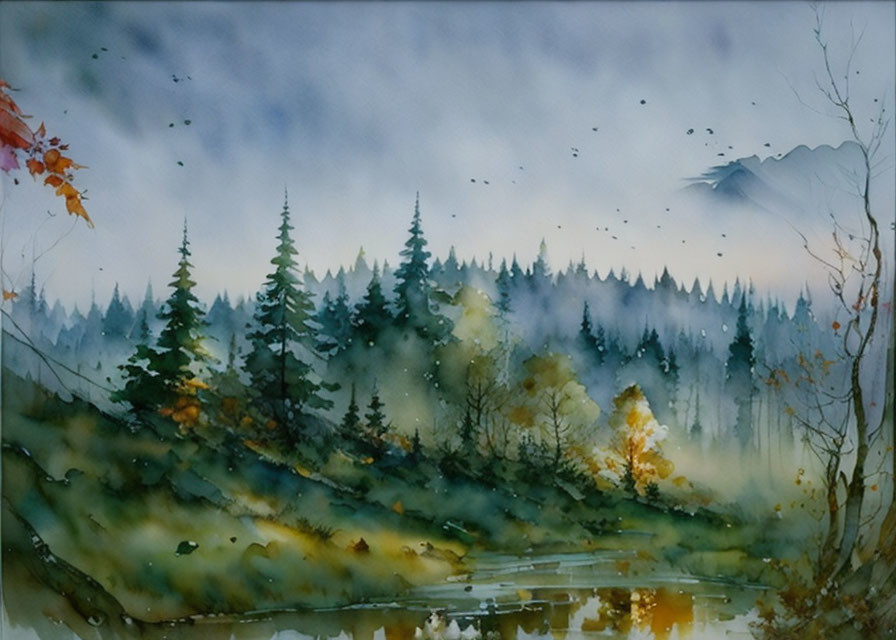 Tranquil watercolor landscape: Misty forests, reflective lake, distant mountains