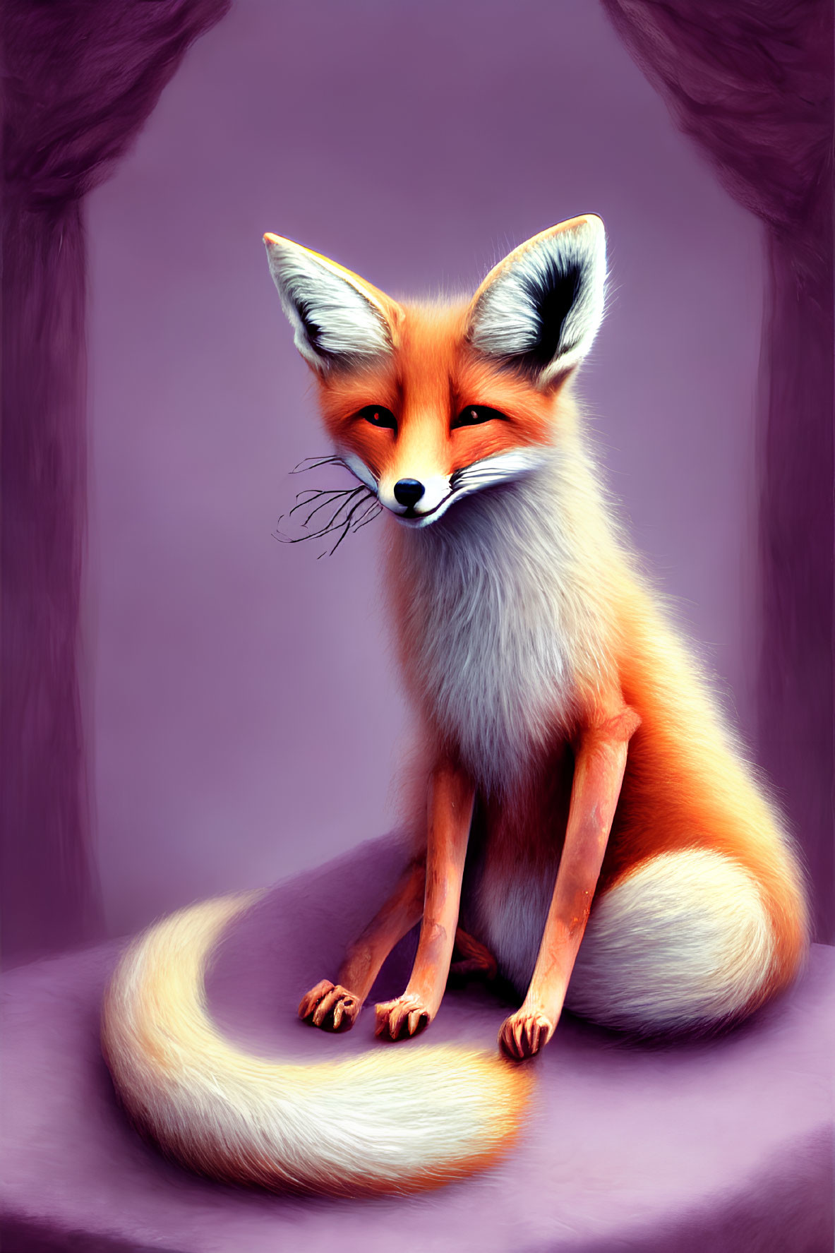 Orange Fox with Fluffy Tail and Large Ears on Purple Background