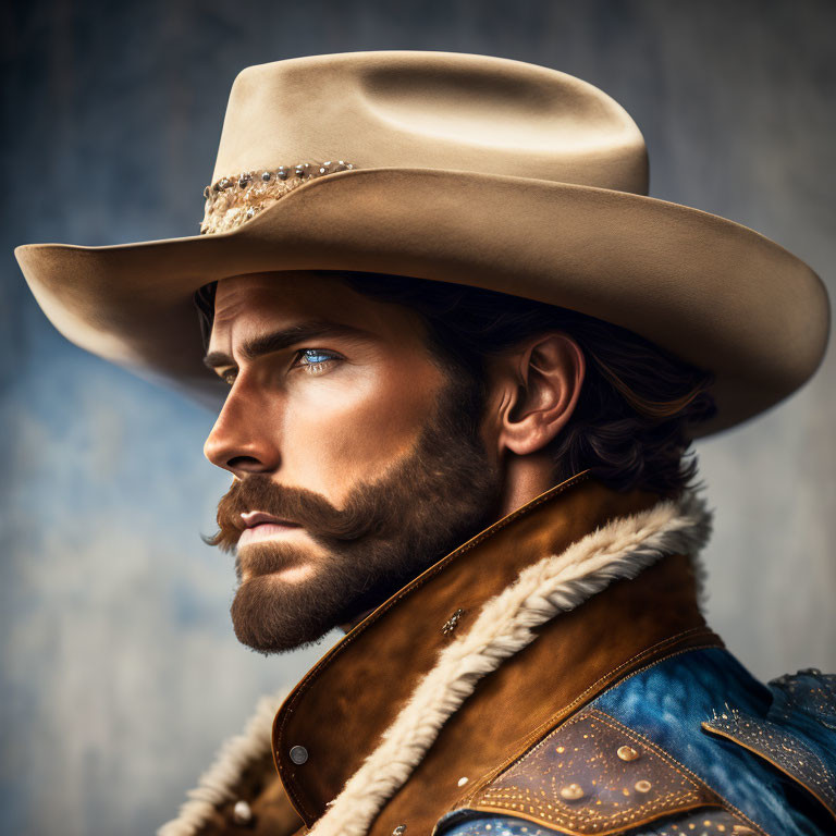 Bearded man in cowboy hat and western jacket with fur collar on blurred background