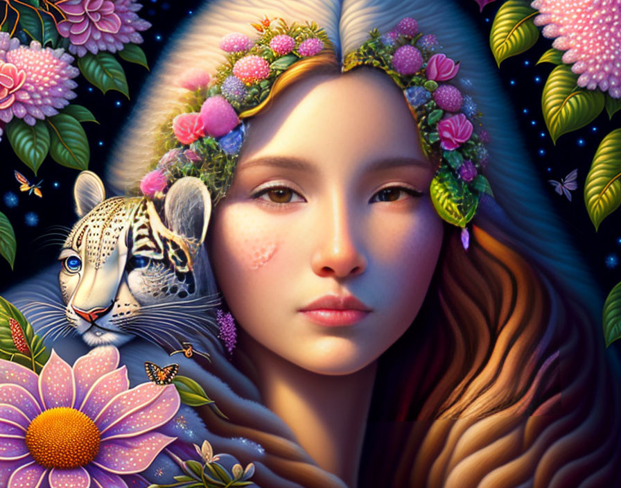 Digital painting of woman with flowers and snow leopard in night sky landscape