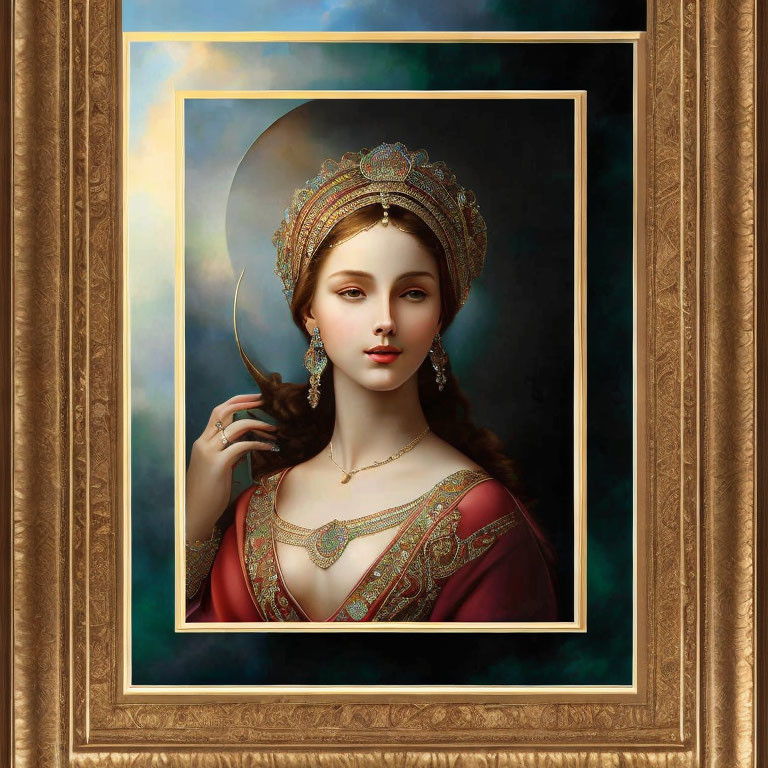 Portrait of woman with pearl headdress and maroon dress in ornate frame