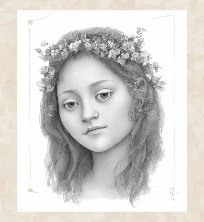 Detailed pencil-drawn portrait of young woman with floral crown and expressive eyes on textured beige background