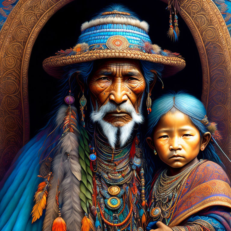 Native American elder and child in traditional attire and adornments.