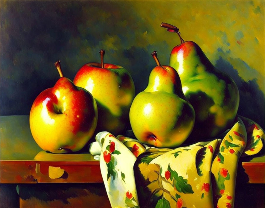 Classic Still Life Painting with Apples, Pears, and Floral Cloth