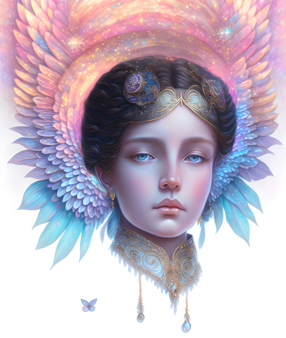 Surreal portrait with pale skin, rainbow wings, golden jewelry, and butterfly.