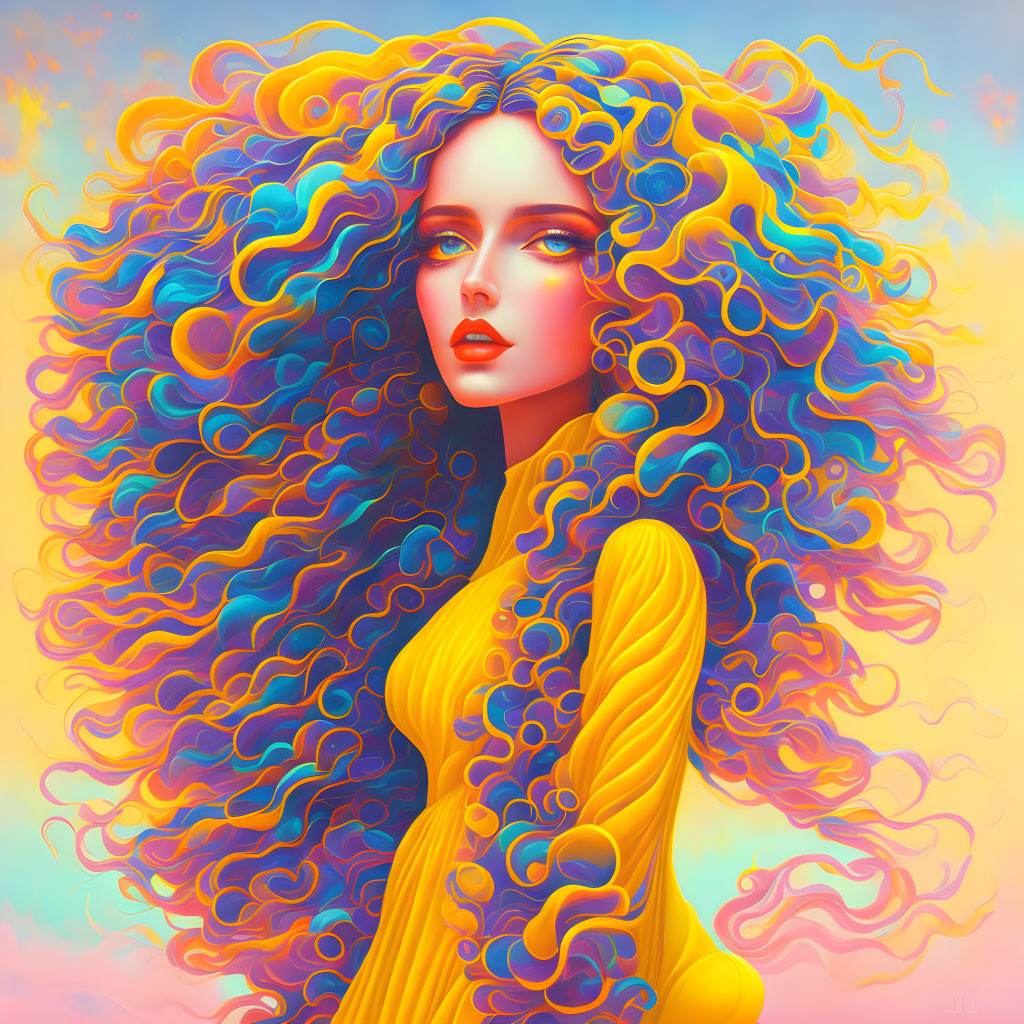 Colorful digital artwork: Woman with voluminous, wavy hair in vibrant yellow attire against pastel