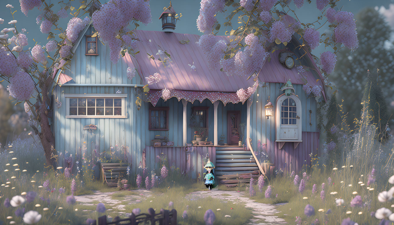 Illustration of blue cottage with purple roof, child in blue hat, surrounded by lilac flowers.