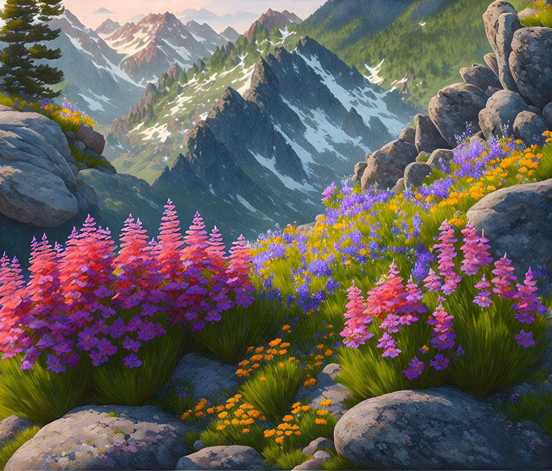 Vibrant Flowers in Alpine Meadow with Snow-Capped Mountains