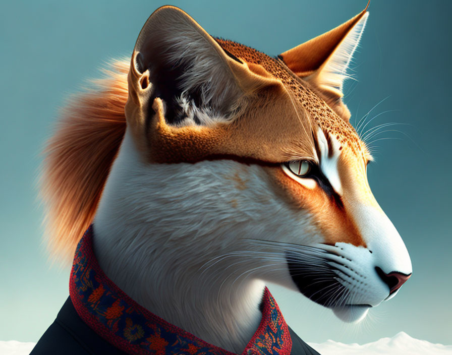 Detailed Digital Art: Humanoid Fox with Orange Fur and Blue Scarf on Soft Blue Sky