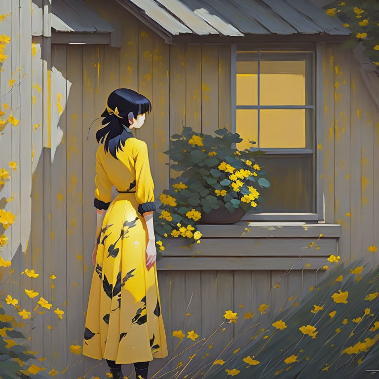 Yellow dress girl next to rustic wooden house with flowers