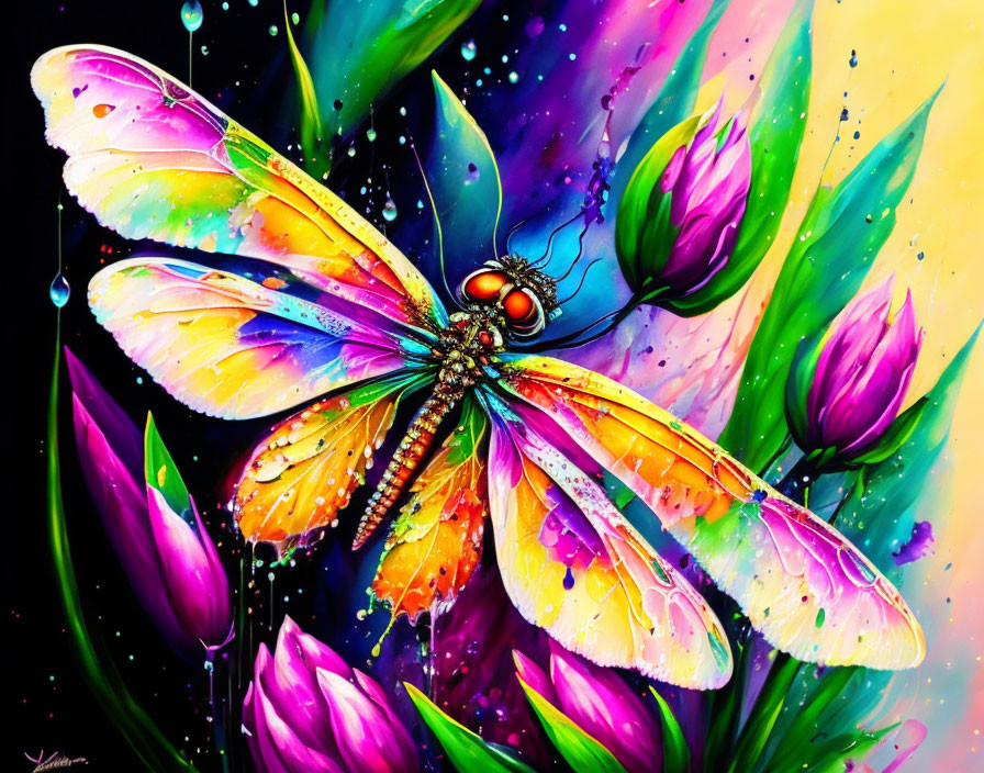 Colorful Dragonfly Painting Among Purple and Pink Blossoms