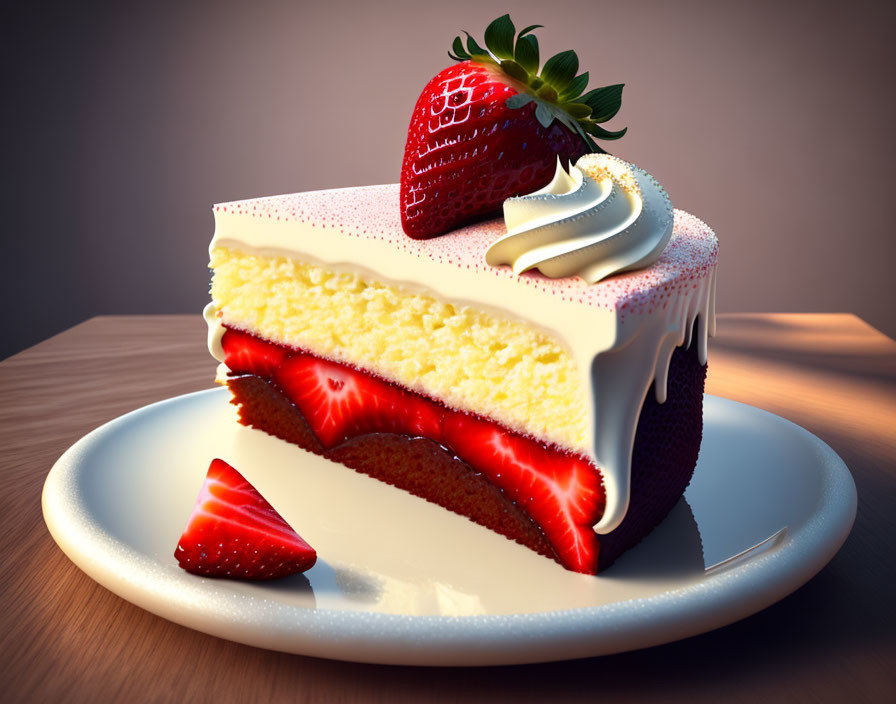 Fresh Strawberry Shortcake Slice with Whipped Cream on White Plate