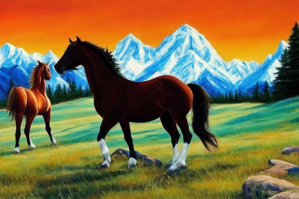 Vibrant meadow scene with two horses, snow-capped mountains, and blue sky