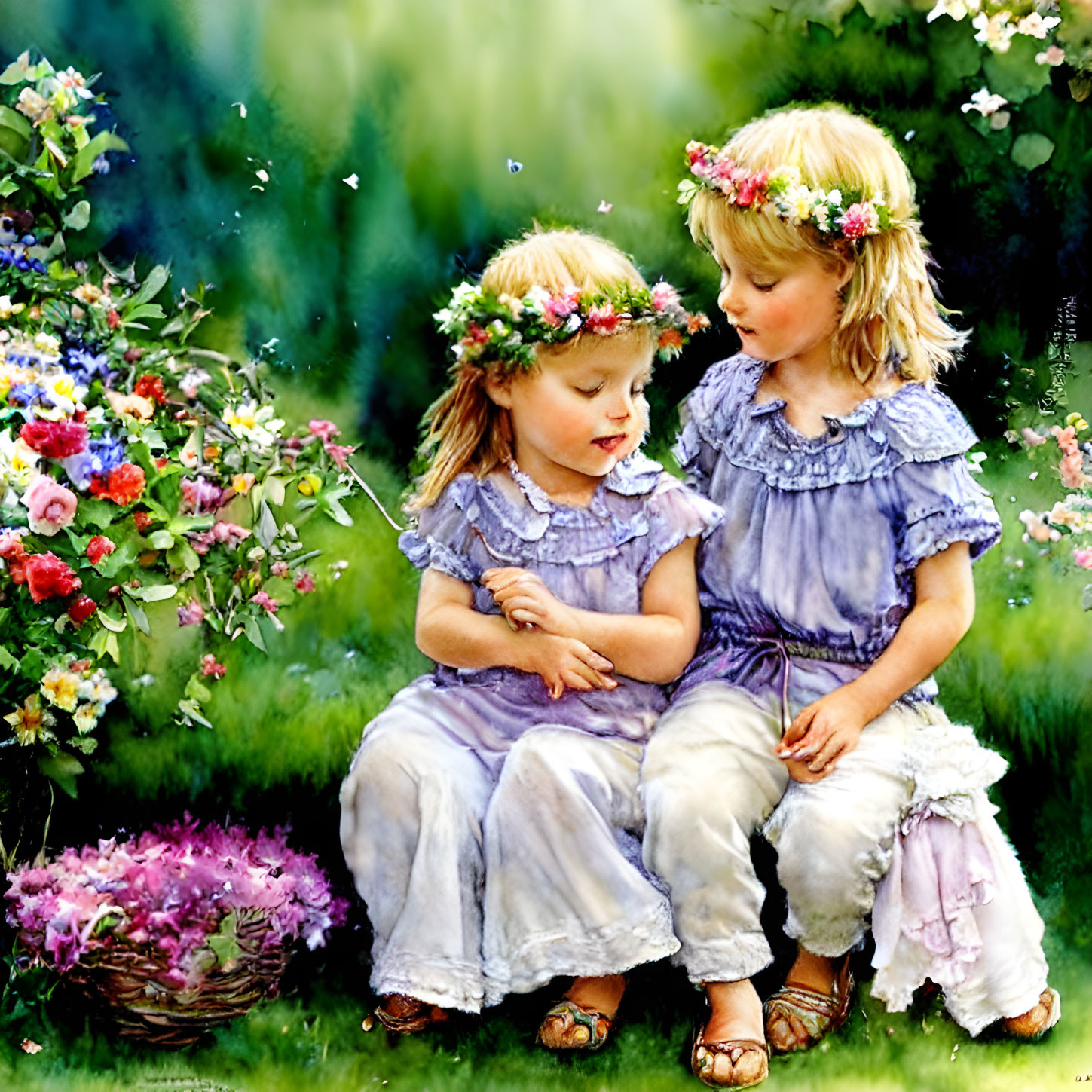 Young girls in floral crowns and ruffled dresses surrounded by vibrant flowers in a lush garden