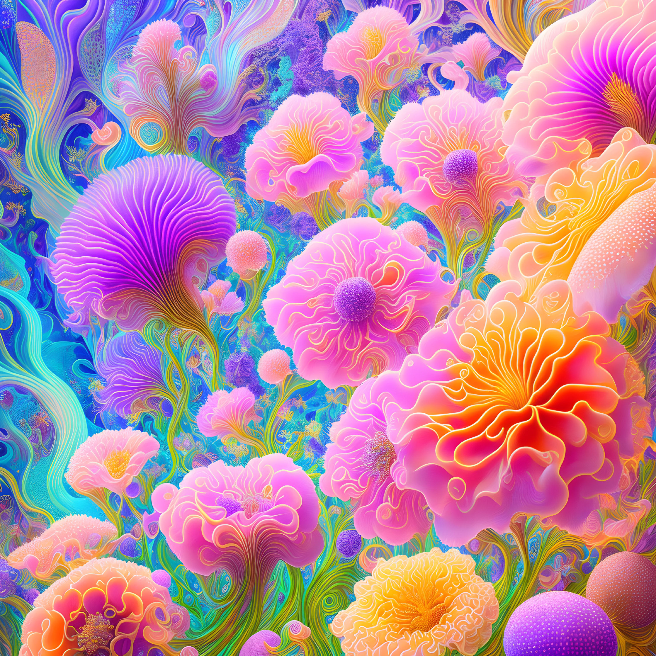 Colorful Digital Art: Neon Coral and Sea Anemone Structures on Blue and Purple Background