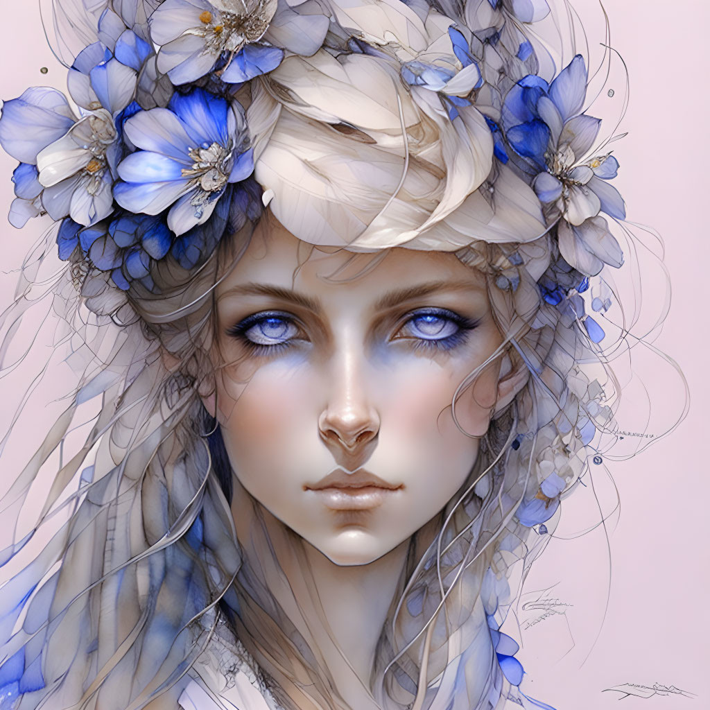 Person with piercing blue eyes and floral wreath on pastel background