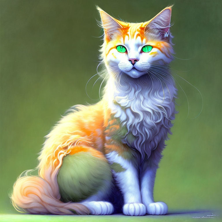 Orange and White Cat with Green Eyes on Soft Green Background