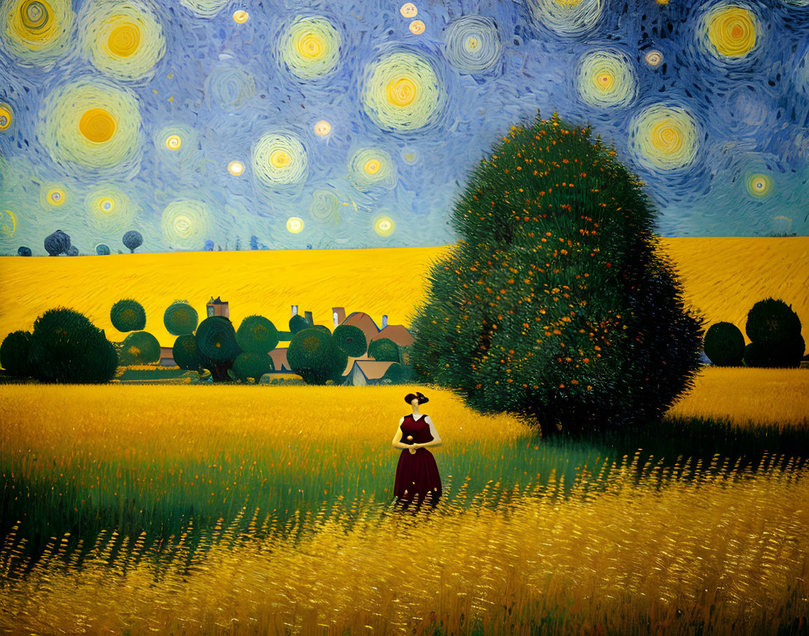 Stylized painting of person in field under swirling starry sky