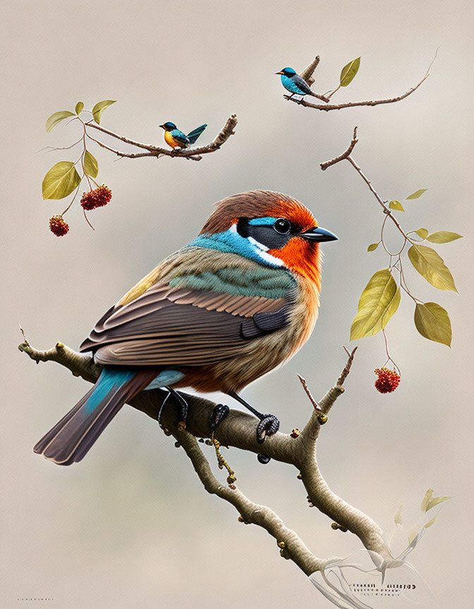 Vibrant blue-eyed bird perched on branch with smaller birds amidst leaves and berries