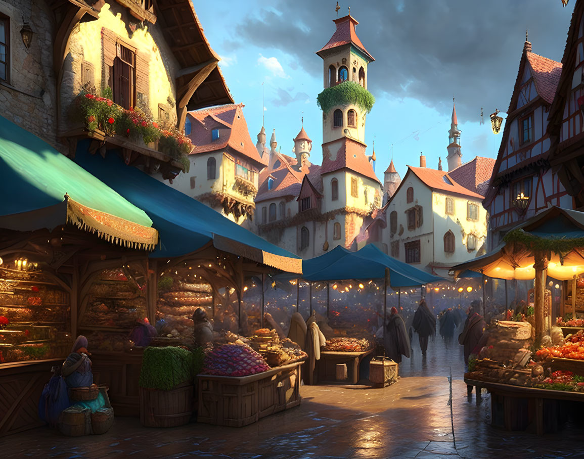 Medieval Town Market at Dusk with Vibrant Stalls