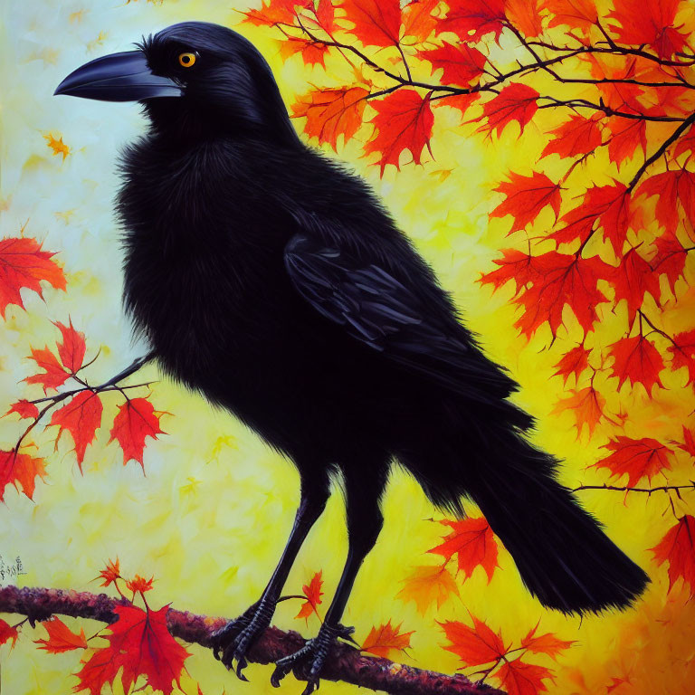 Vivid painting of black raven on branch with red autumn leaves