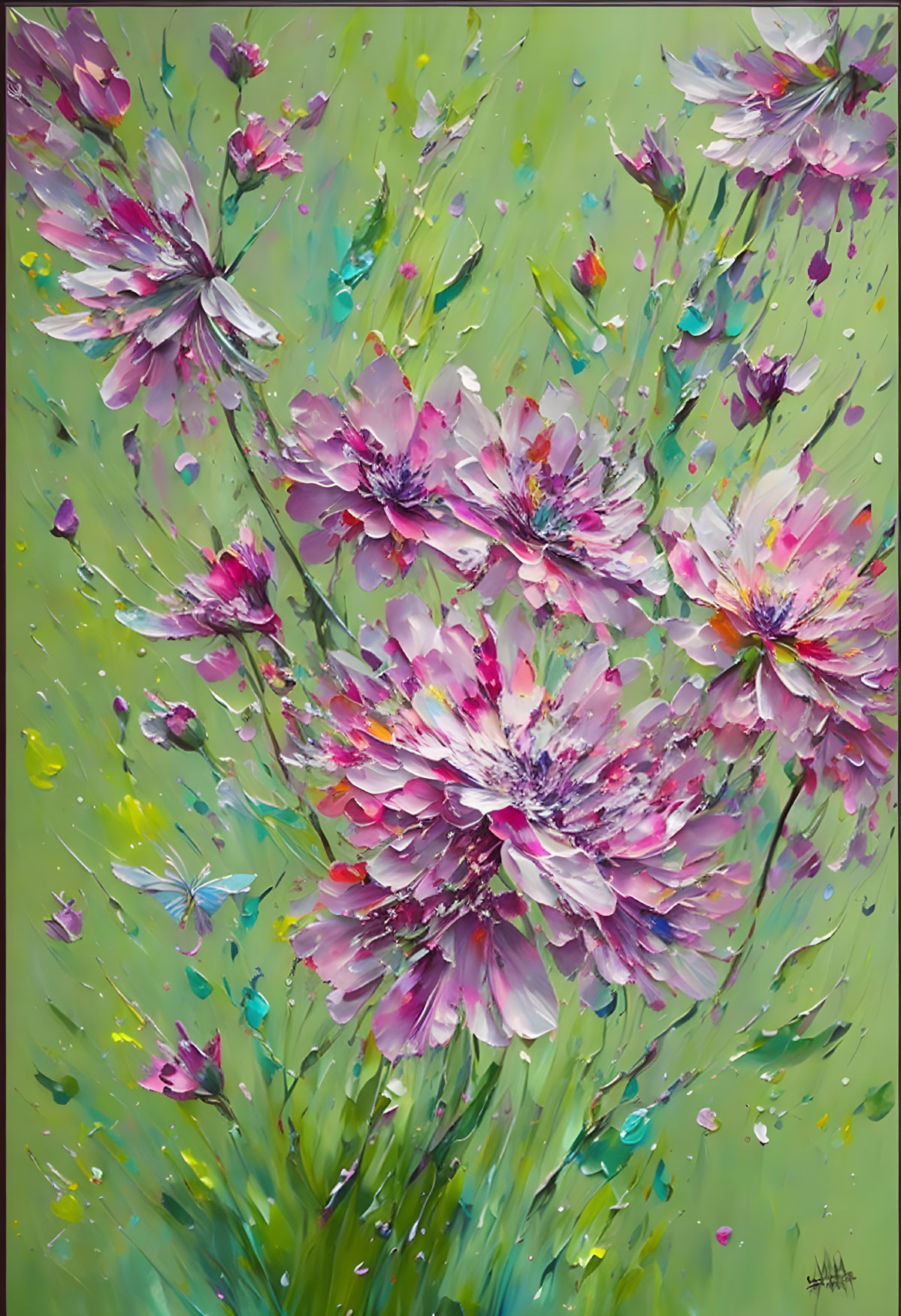 Colorful Painting of Pink and Purple Flowers on Soft Green Background