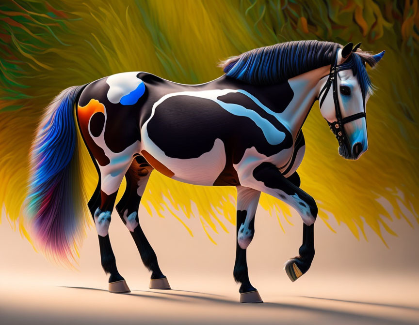 Colorful Horse Illustration with Multicolored Mane and Vibrant Coat Patterns