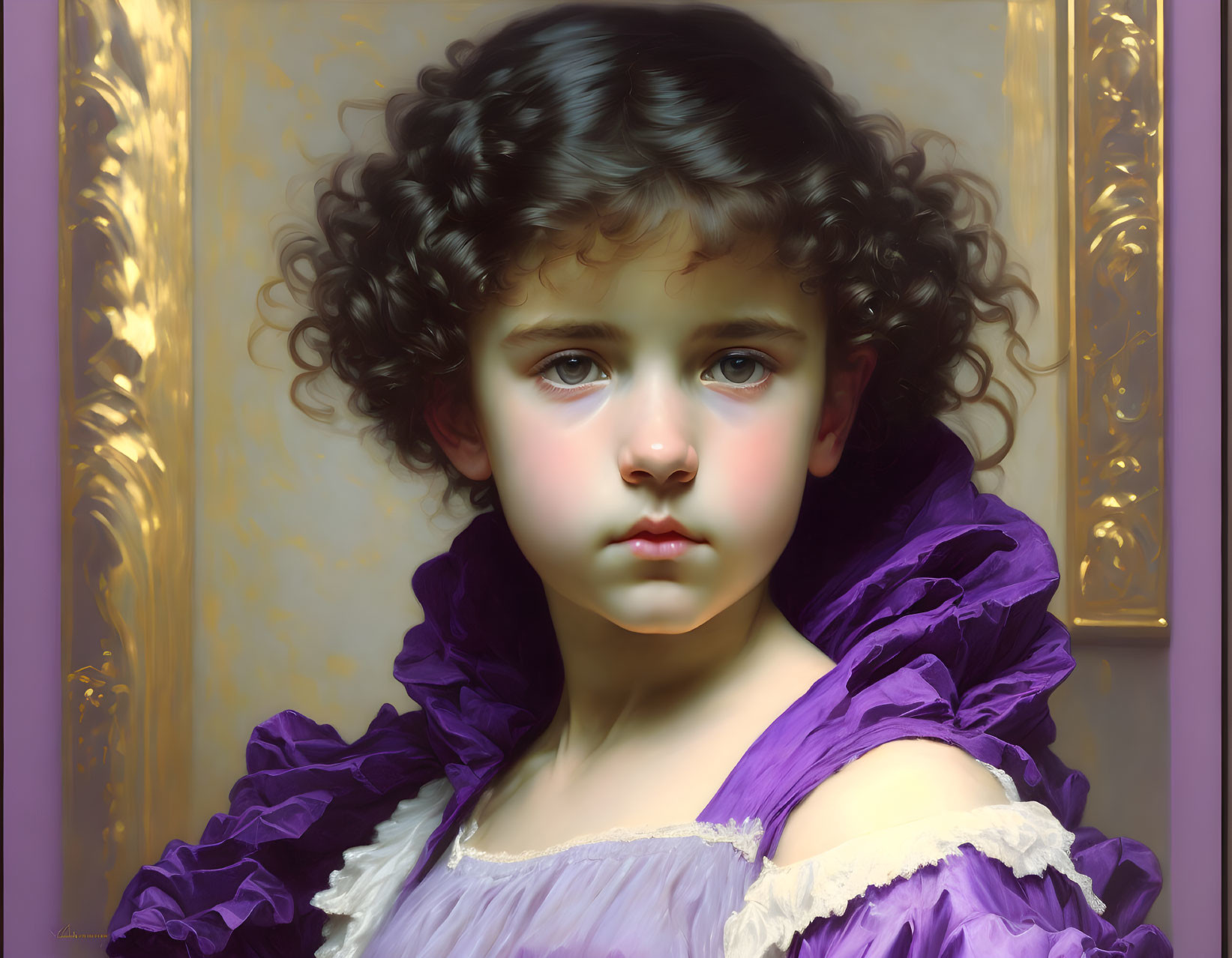 Portrait of young child in purple dress on ornate background