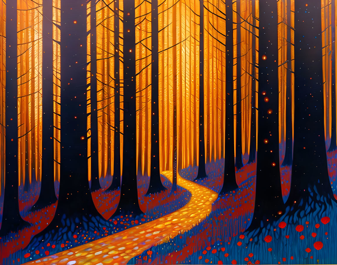 Mystical forest with slender trees and glowing orange light.