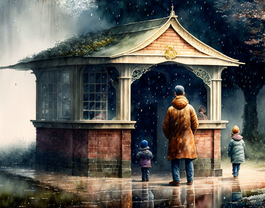 Adult and two children near a gazebo in the rain with misty atmosphere