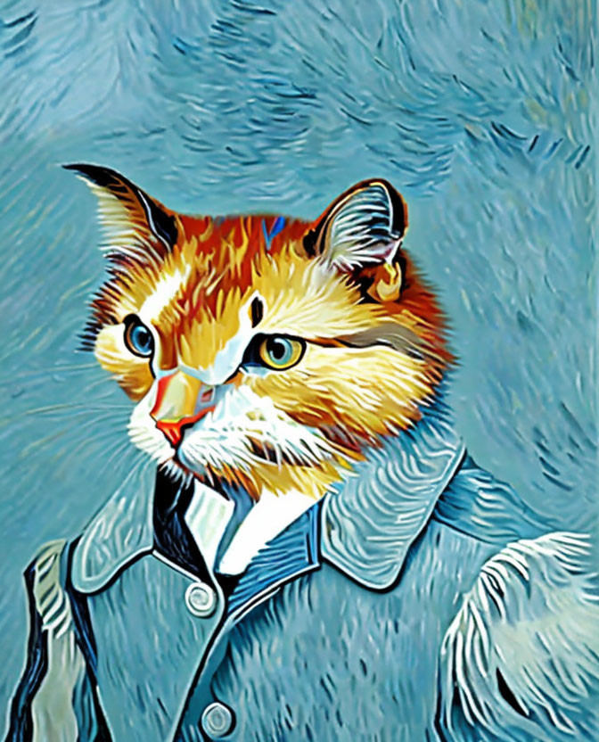 Stylized cat with human-like features in blue period-style coat