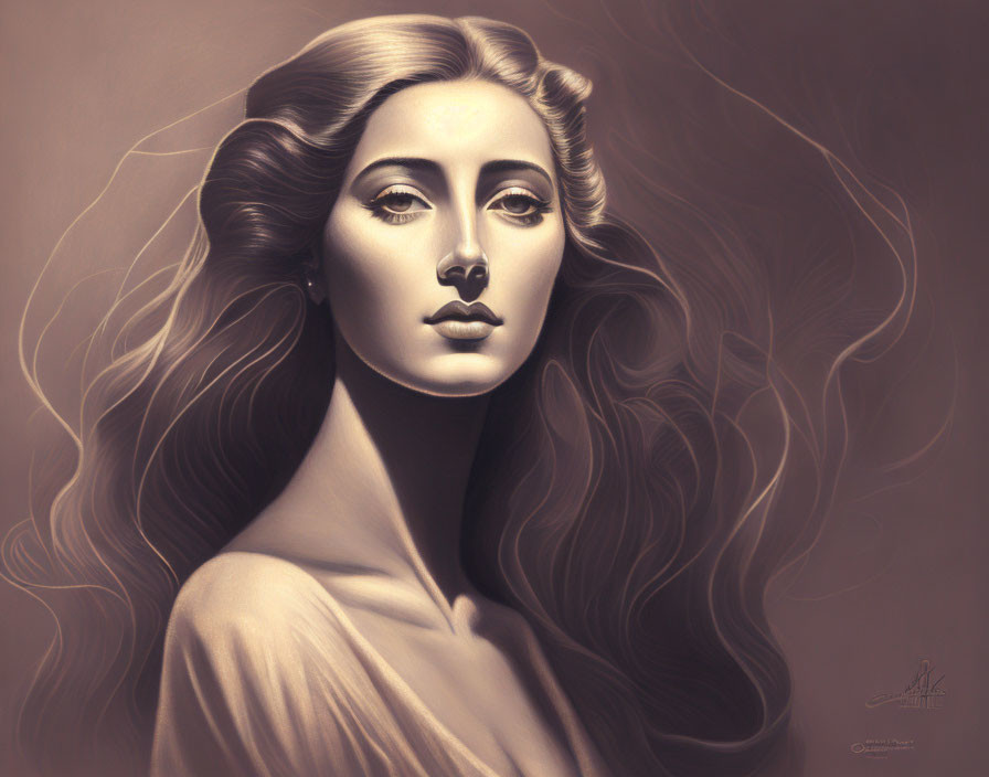 Monochromatic illustration of woman with flowing hair and calm expression