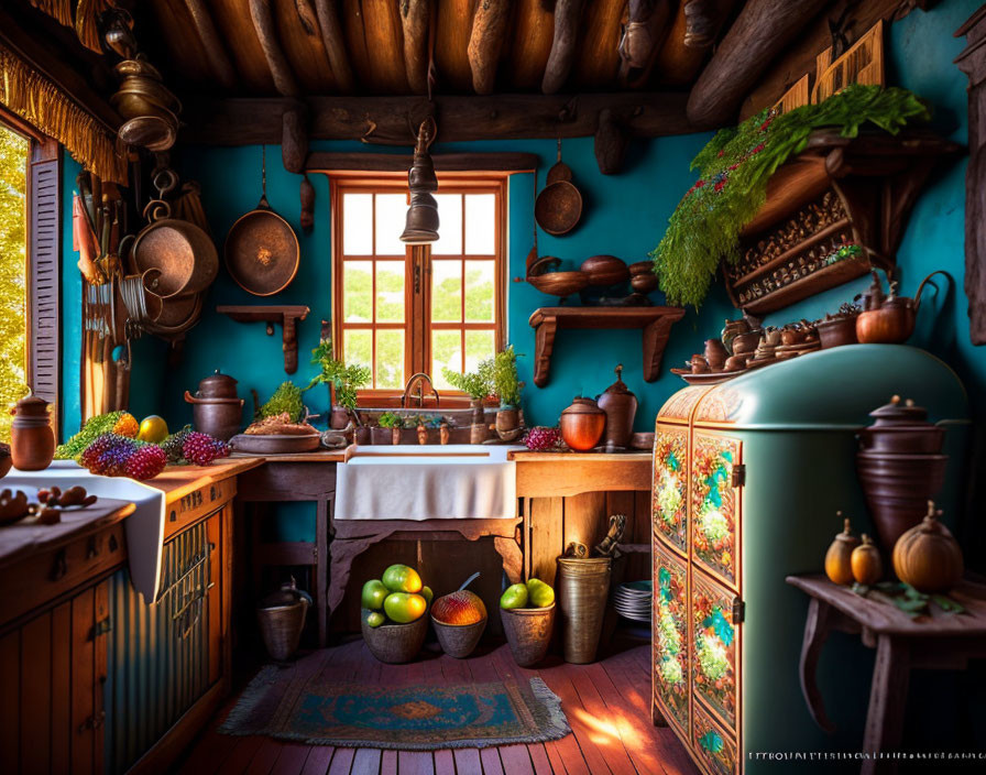 Traditional Kitchen with Blue Walls, Wooden Beams, Colorful Decor, and Green Stove