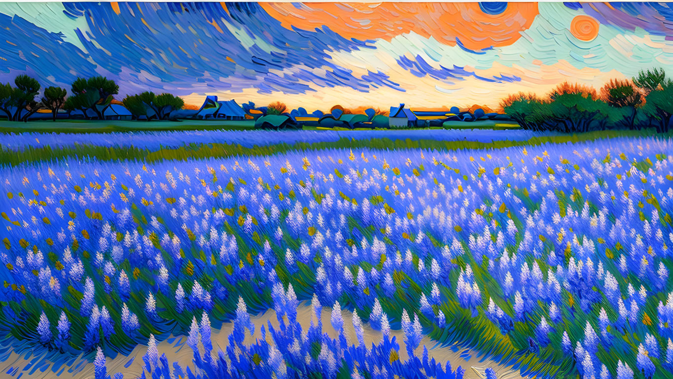 Colorful painting of purple flowers in field under blue sky with sunset and silhouetted buildings