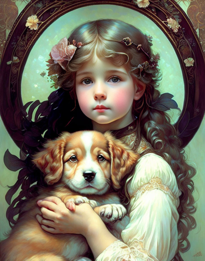 Young girl with braided hair embraces puppy in circular border.