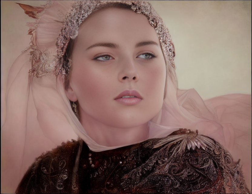 Blue-eyed woman in jeweled headpiece and pink veil, wearing ornate brown garment