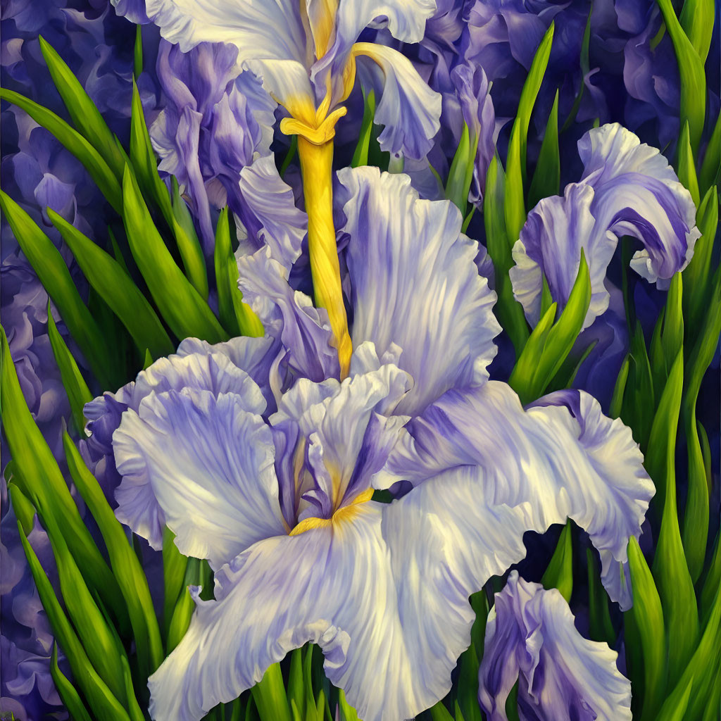 Colorful painting of purple irises with ruffled petals and green foliage