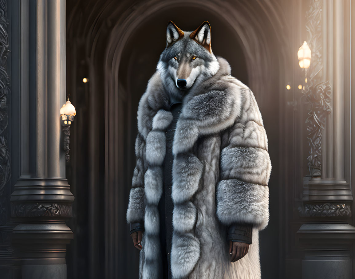 Anthropomorphic wolf in grand hallway with elegant fur coat and ornate lamps