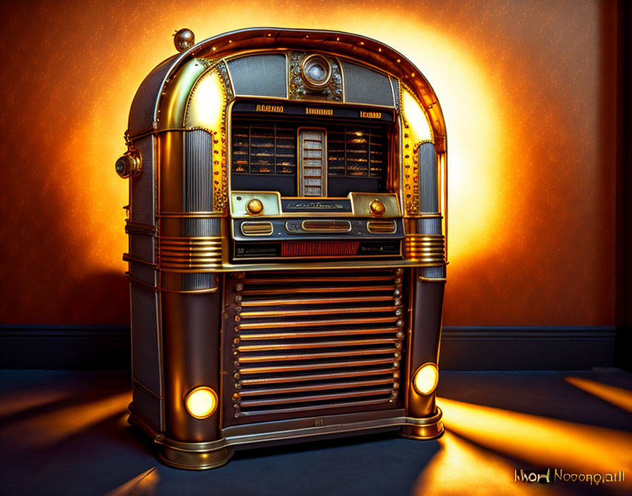 Vintage Jukebox with Golden Trimmings in Ambient Light on Orange Background