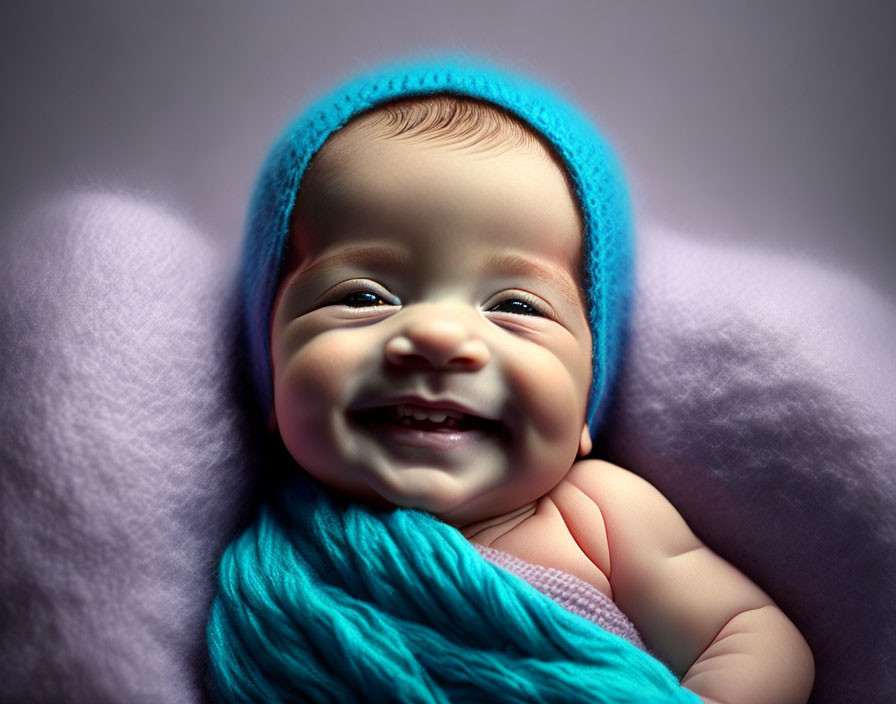 Smiling Baby in Blue Knit Hat on Purple Blanket